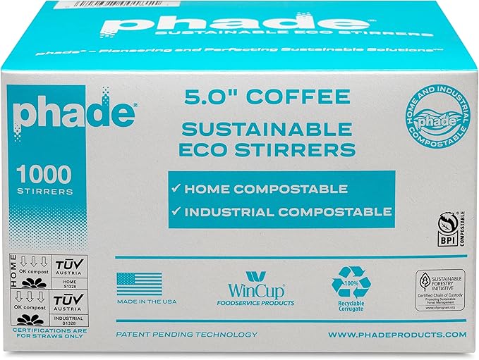 phade Eco-Friendly Cocktail and Coffee Straws/Stirrers 6,000 Count - Sustainable Marine Biodegradable Compostable Stirrer, 6 Pack