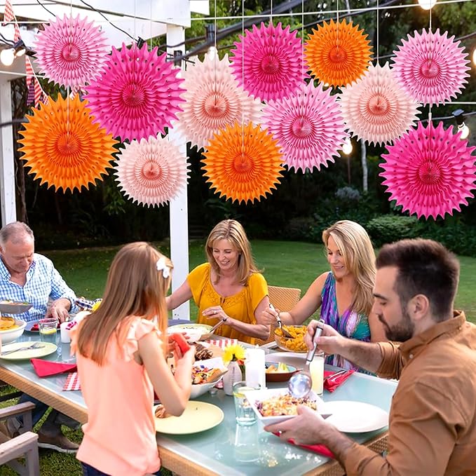 BestoFun 12PCS Paper Fans Orange and Hot Pink Party Decorations Tissue Paper Flowers Decorations for Girl Groovy Birthday Baby Shower Wedding Bachelorette Room Wall Hanging Décor
