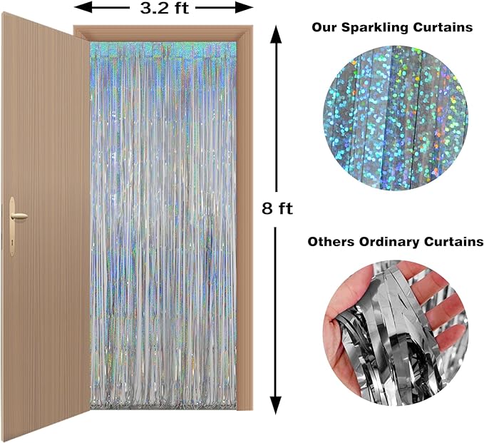 Melsan Foil Curtain, 2 Pack 3.2 ft x 8.2 ft Silver Tinsel Foil Fringe Curtains Backdrop, Sparkle Metallic Foil Curtains for Independence Disco Bachelorette Party Decorations, Silver Tinsel Backdrop