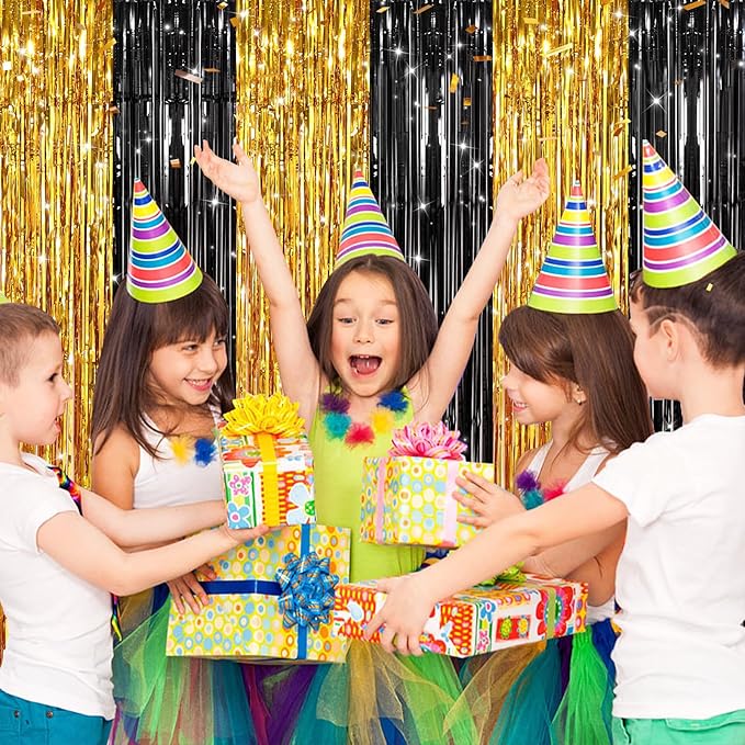 2 Pack Black Gold Metallic Tinsel Foil Fringe Curtains, Door Streamers Photo Booth Backdrop for Birthday Party, Tinsel Curtain Backdrop for Baby Shower Bachelorette Christmas Party Decorations