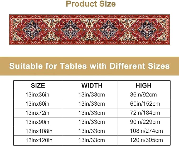Boho Old French Table Runner, Vintage Red Beige Retro Flower Rustic Country Style Floral Print Pattern for Home Kitchen Table Decor Dining Coffee Room Garden Party Decor 13x108in