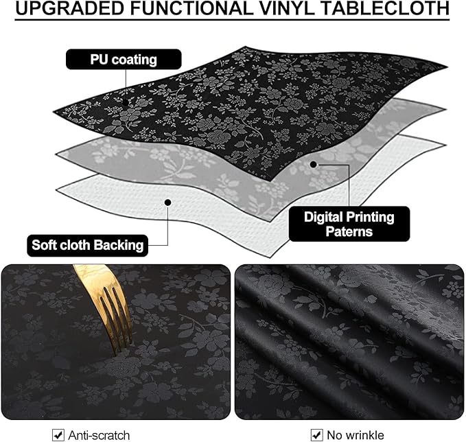 Smiry Rectangle Table Cloth, Waterproof Heavy Duty Vinyl Tablecloths, Wipeable Washable Table Cover for Kitchen and Dining Room (Black, 54" X 120")