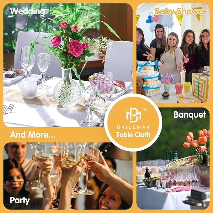 BRILLMAX 6 Pack White Tablecloths for 6 Foot Rectangle Tables 60 x 102 Inch - 6ft Rectangular Bulk Linen Polyester Fabric Washable Cloth Cover for Wedding Reception Banquet Birthday Party