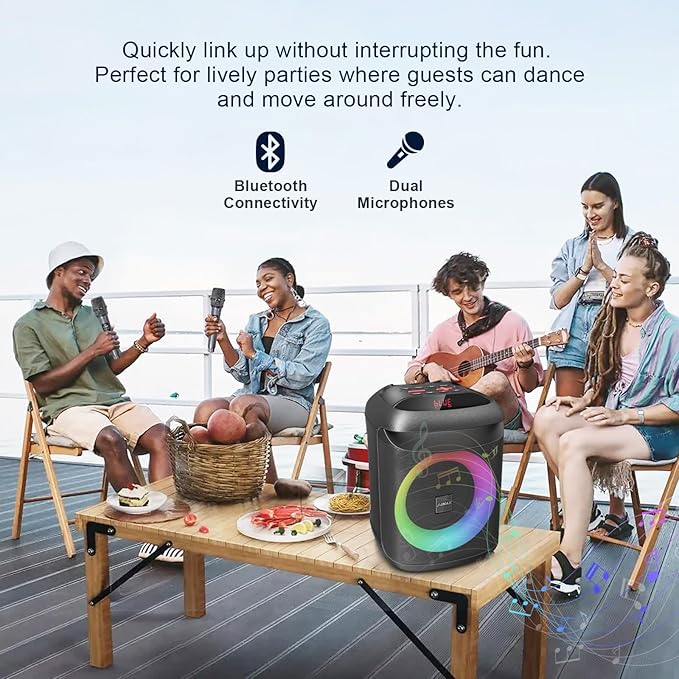 AIMAX Karaoke Machine with Bluetooth and Two Wireless Microphones, Portable Speaker for Home & Outdoor Parties, 7-Hour Battery Life, Mic/AUX/USB/TF Support, Perfect for Kids & Adults Singing