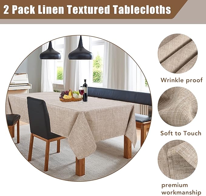 Fitable Linen Textured Tablecloths 2 Pack, Faux Burlap Rectangle Table Clothes for 8 Foot Tables, Rustic Table Covers for Dining, Baby Shower, Party, Banquet, Farmhouse (Nature, 54 x 120 Inch)