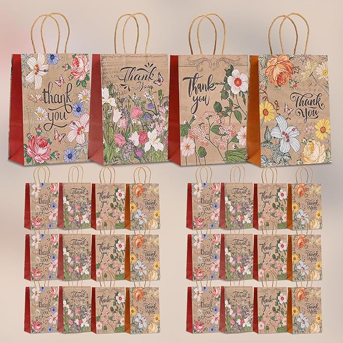piqiya 24pcs Vintage Floral Gift Bags,Thank You Kraft Paper Bags with Handles for Friend Teacher Mom,Colorful Flower Pattern Bag for Gifting,Birthday,Gratitude,Party Goody Treat Bag