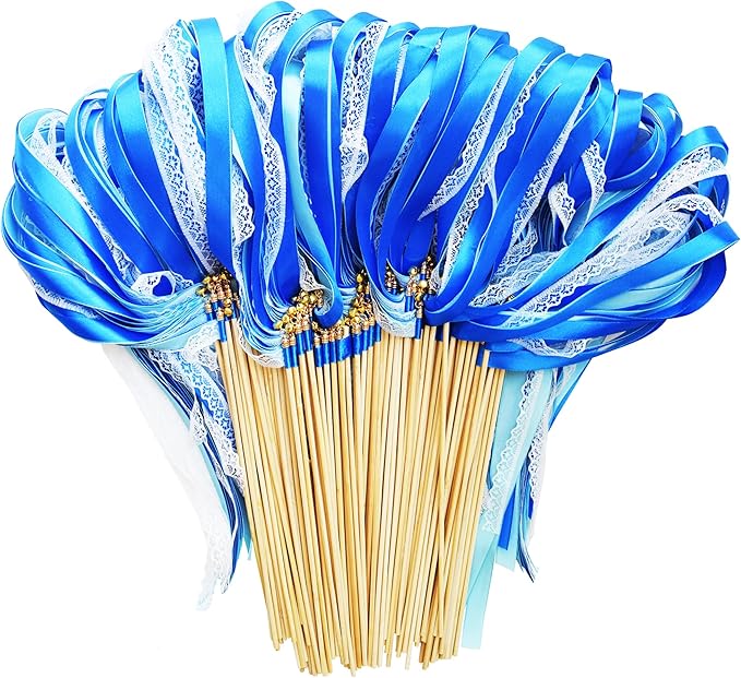 100 Pack Blue Lace Wedding Ribbon Wands Streamers with Bells Silk Fairy Wands Sticks Wedding Exit Ribbon for Party Activities Bridal Shower Send Off Holiday Celebration