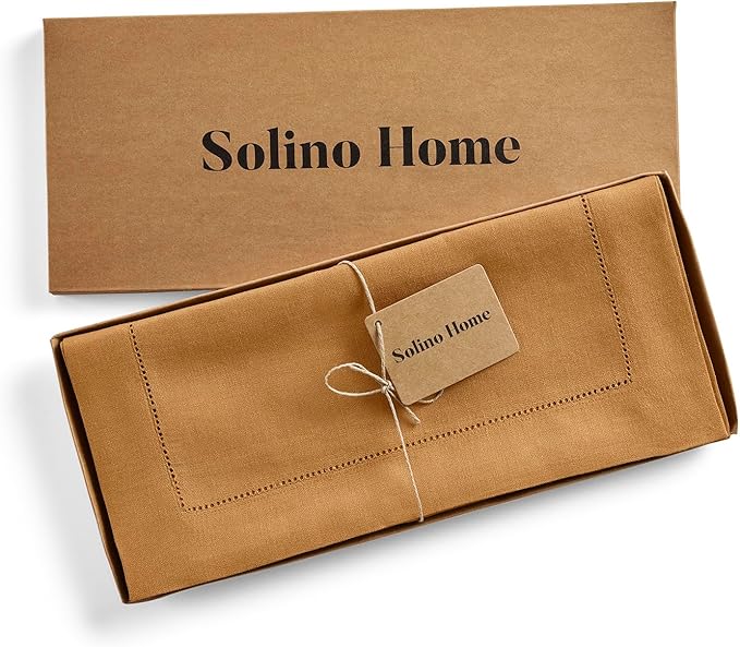 Solino Home Linen Brown Sugar Table Runner 144 Inches Long - 100% Pure Linen Extra Long Table Runner 14 x 144 Inch for Fall, Autumn, Thanksgiving - Classic Hemstitch