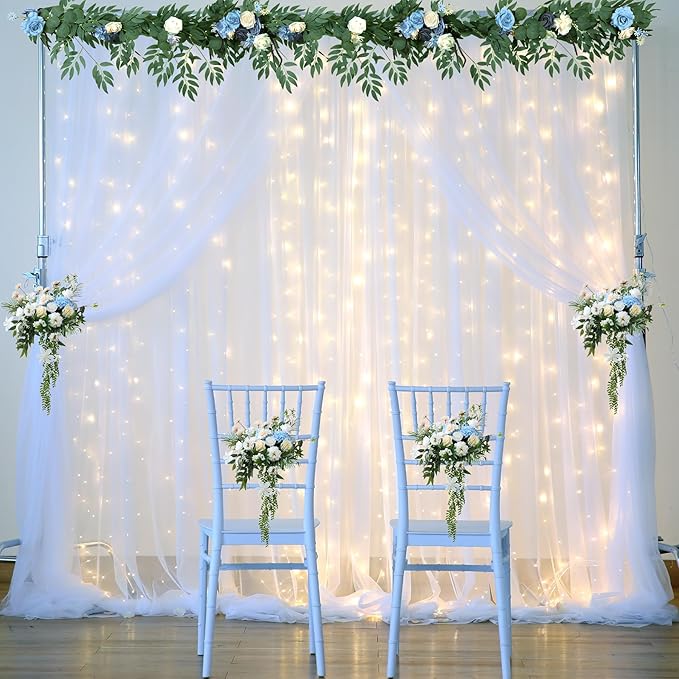White Tulle Backdrop Curtain with Lights String for Parites 10×8ft Sheer Backdrop Curtains White Curtain Backdrop for Wedding Baby Shower Birthday Party Photo Shoot Decorations(2 Panels 10ft×8ft)