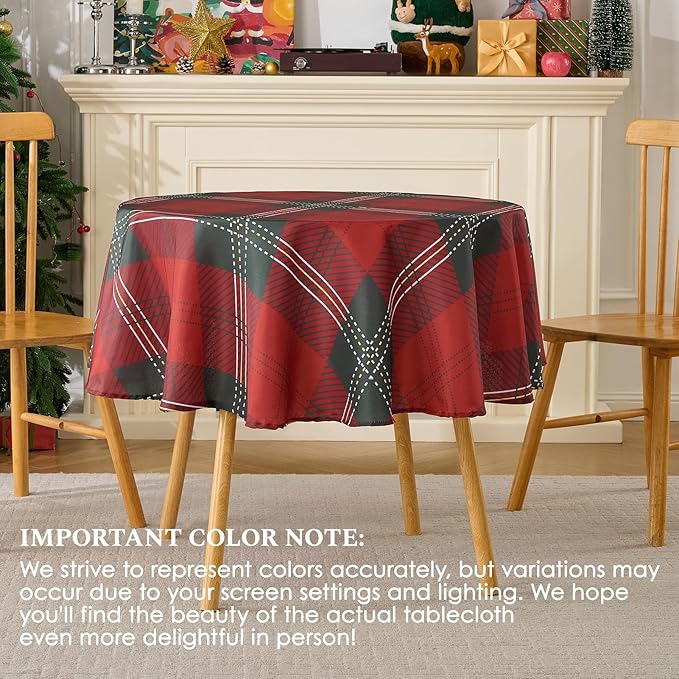 Christmas Tablecloth Round 60 Inch Waterproof, Machine Washable Checkered Polyester Table Cover for Xmas Party, Winter Holiday Home Decoration in Festive Checkered Green 1pack