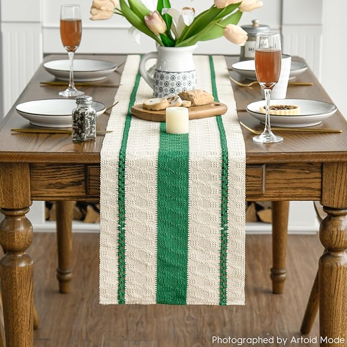 Artoid Mode Dark Green Farmhouse Woven Rustic Table Runner, Seasonal Holiday Hollow Kitchen Dining Table Decoration for Home Party Decor 12x60 Inch
