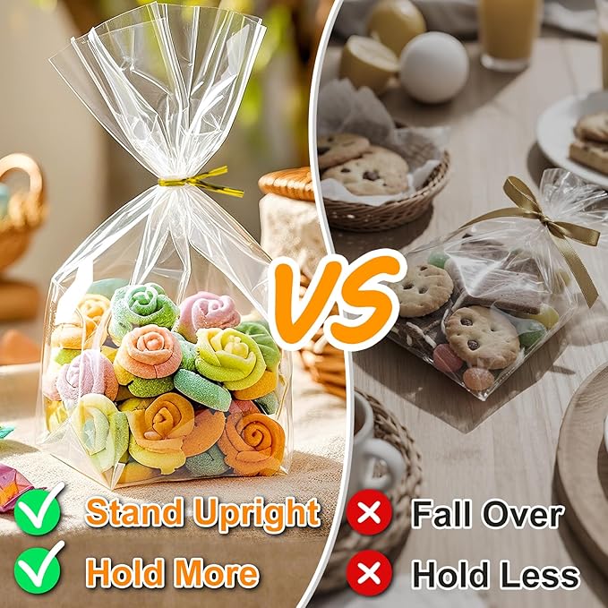 PigPotParty Cellophane Treat Bags 7"x10", 100 Pack Clear Goodie Bags, 3.2" Bottom Gusset for Stand-Up Display, Small Plastic Gift Wrap for Cookies, Candy, Party Favors, Popcorn, Includes 100 Ties