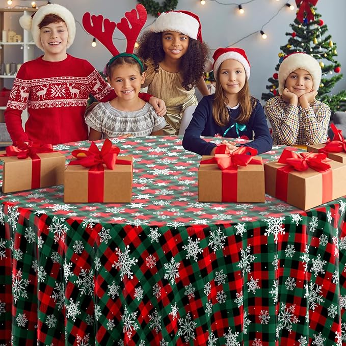Jectivs 6Pcs Christmas Buffalo Plaid Snowflake Party Tablecloths Decorations,Plastic Red and Green Checkered Round Table Cover for Winter Christmas New Year Birthday Holiday Party Decorations,84 inch