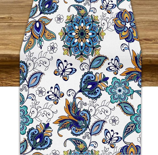 Oriental Paisley Table Runner, Luxury Vintage Blue Teal Floral Butterflies Print Table Runner for Home Dining Kitchen Coffee Table Party Decor, 13x36inch