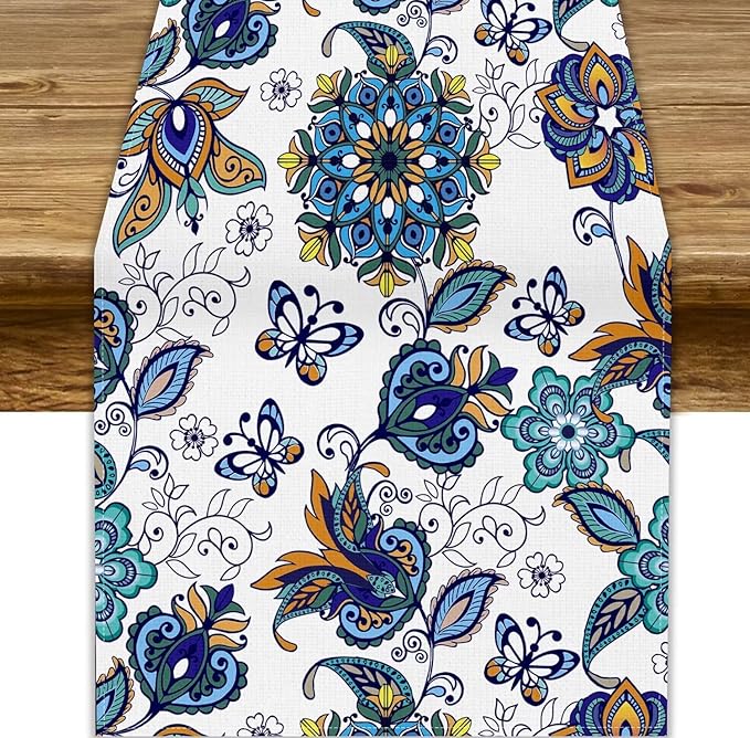Oriental Paisley Table Runner, Luxury Vintage Blue Teal Floral Butterflies Print Table Runner for Home Dining Kitchen Coffee Table Party Decor, 13x90inch