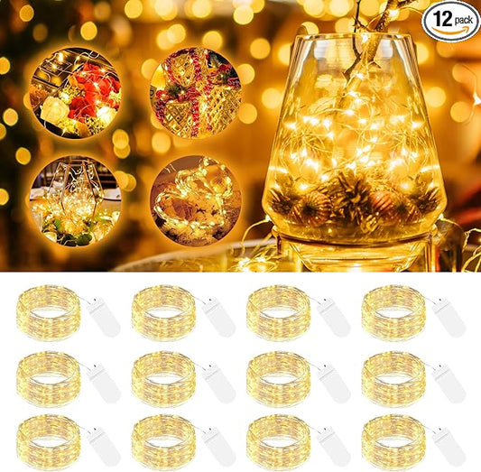 btfarm 12 Pack LED Fairy Lights Battery Operated, 7ft 20LED Mini String Lights Waterproof, Silver Wire Firefly Starry Lights Bulk for Mason Jars Crafts Table Centerpieces Party Christmas, Warm White