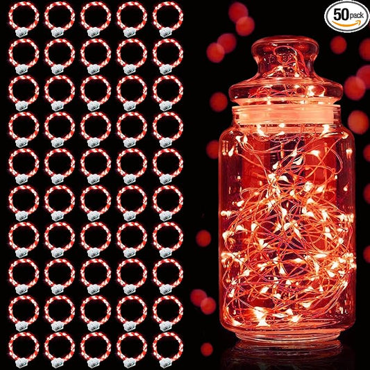 Aogist 50 Pack Fairy Lights 3 Modes 7ft 20 LED Waterproof,Battery Operated Silver Wire Firefly Starry Moon Mini String Lights for Mason Jars Christmas DIY Crafts Wedding Party Bedroom,Red