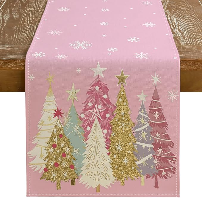 GEEORY Christmas Table Runner 13x48 Inch, Xmas Trees Snowflakes Holiday Decorative Farmhouse Table Decoration for Kitchen Dinning, Indoor Outdoor Dinner Party Decor (Pink) GT153-48