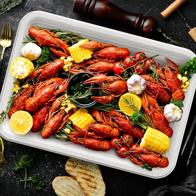 ECOLipak 100 Pack 14 Inch Disposable Food Crawfish Trays, Compostable Large Paper Plates, Disposable Thanksgiving Trays for Serving Food, Turkey, BBQ, Seafood Boil Party Supplies(White)