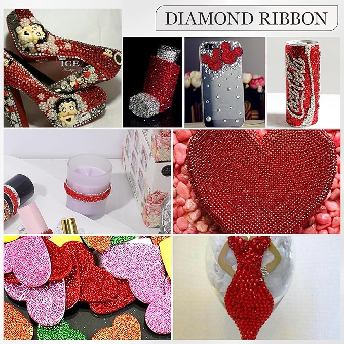 Rhinestone Ribbon 3 Yards Self Adhesive Rhinestone Strips Diamond Ribbon Sticker Crystal Roll Glitter Bling Rhinestones Tape for Crafting DIY Art Decoration (Red,0.4 Inch)