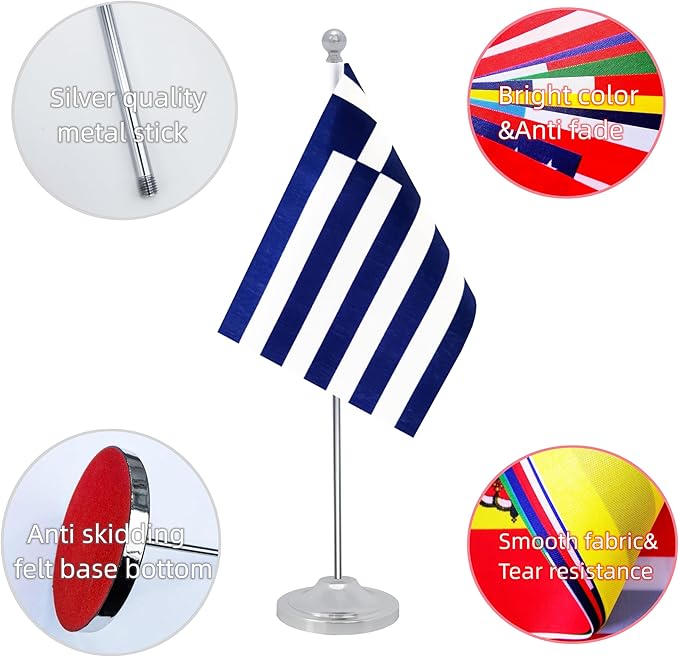 Greece Desk Flag, Greek Table Office Flag with Metal Pole and Stand Base, International Country Flags, Festival Event Celebration, Classroom Meeting Desktop Decor (Greece)