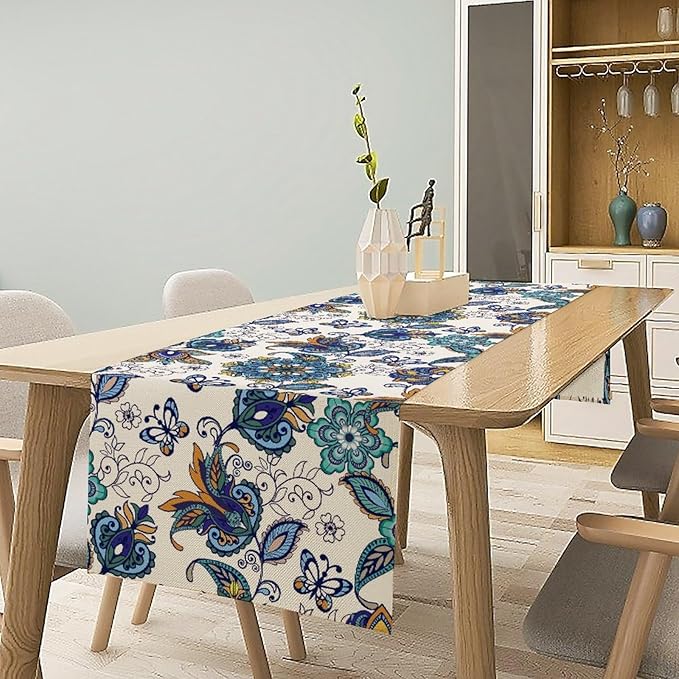 Oriental Paisley Table Runner, Luxury Vintage Blue Teal Floral Butterflies Print Table Runner for Home Dining Kitchen Coffee Table Party Decor, 13x108inch