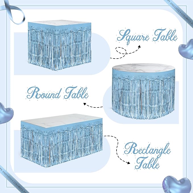 4 Pack Light Blue Table Skirts, 29x108" Metallic Foil Tinsel Fringe Table Skirts for Rectangle Tables Streamer Curtains Backdrop, Party Decorations for Birthdays Weddings Holidays