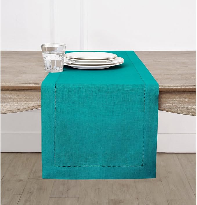 Solino Home Linen Teal Table Runner 144 Inches Long - 100% Pure Linen Extra Long Table Runner 14 x 144 Inch for Fall, Autumn - Classic Hemstitch