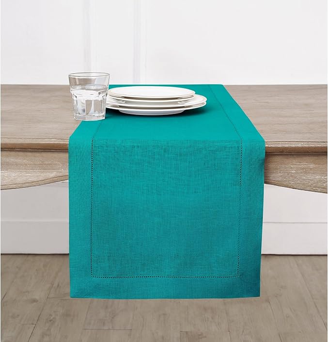 Solino Home Linen Teal Table Runner 108 Inches Long - 100% Pure Linen Hemstitch 14 x 108 Inch Table Runner for Dining, Fall, Autumn, Thanksgiving, Christmas - Classic Hemstitch