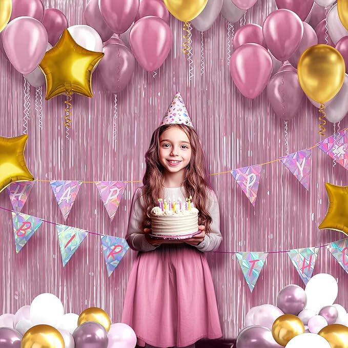 2 Pack Metallic Light Pink Fringe Backdrop, 3.2x8.2ft Shining Foil Tinsel Curtains, Birthday Party Decorations Door Streamers for Halloween, Christmas, Wedding, Graduation, Holiday, Theme Events