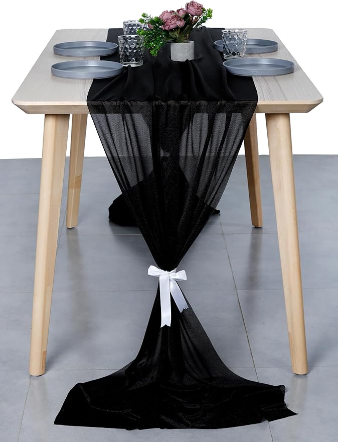 MDS 2 Pack 14ft Chiffon Table Runner 29 x 170 Inches Sheer Wedding Runner Romantic Rustic Table Runner for Wedding Decorations, Birthday Parties, Bridal Shower Party Arch Decor - Black