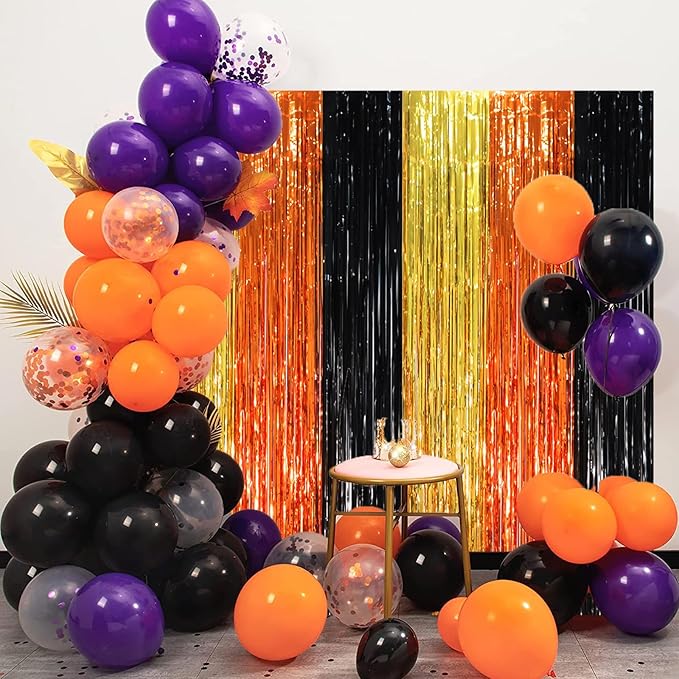 3 Pack 3.3 x 8.2 ft Black Gold Orange Foil Fringe Backdrop Curtains, Tinsel Streamers Party Decorations, Fringe Backdrop, Door Shimmer for Construction or Birthday Party