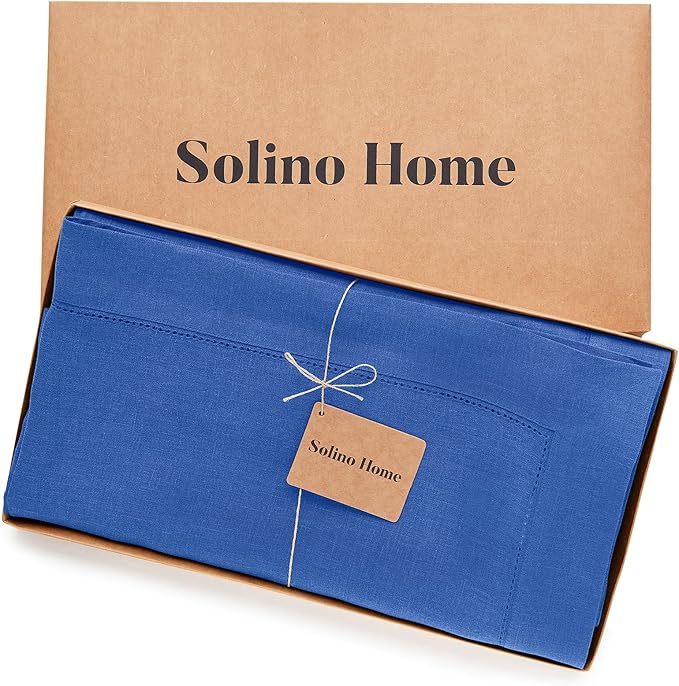 Solino Home Royal Blue Linen Tablecloth 60 x 108 Inch - 100% Pure Linen Hemstitch Table Cloth for Rectangle Tables - Classic Hemstitch, Machine Washable Tablecloth