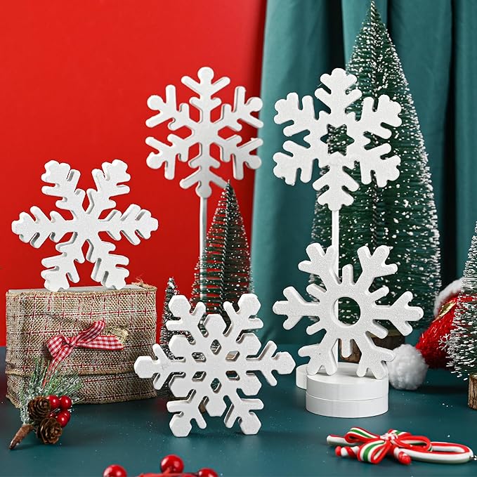 5 Pcs Wooden Christmas Snowflake Sign Winter White Glitter Snowflake Decorations Holiday Wonderland Snowflake Wood Stand Signs for Xmas Party Home Tabletop Tiered Tray Decor