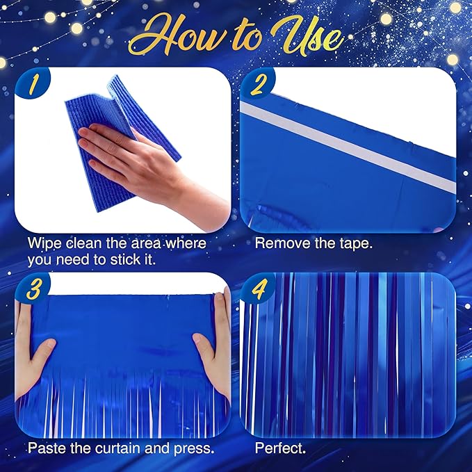 2 Pack Metallic Dark Blue Fringe Backdrop, 3.2x8.2ft Shining Foil Tinsel Curtains, Birthday Party Decorations Door Streamers for Halloween, Christmas, Wedding, Graduation, Holiday, Theme Events