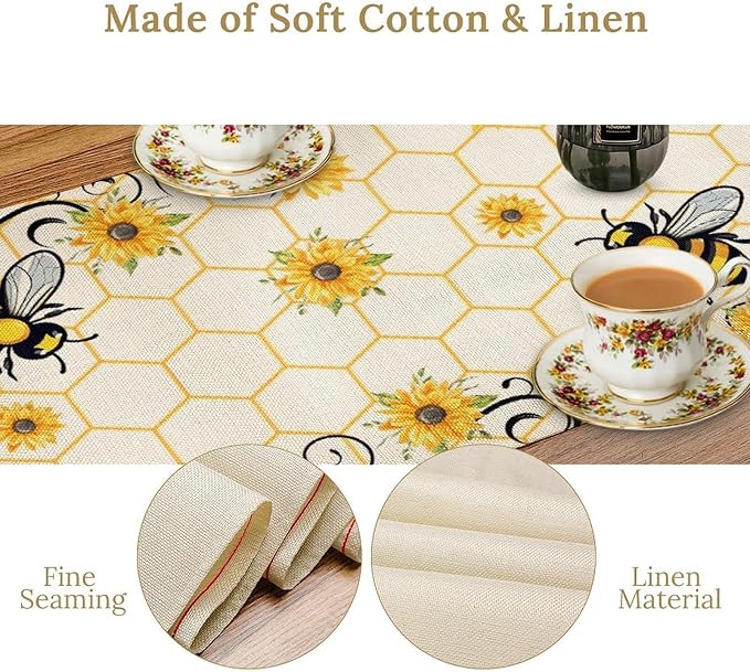 Bee Sunflower Table Runner, Farmhouse Orange Honeycomb Vintage Spring Summer Flowers Print Table Cover for Party Wedding Home Kitchen Dining Table Decor, 13x36inch