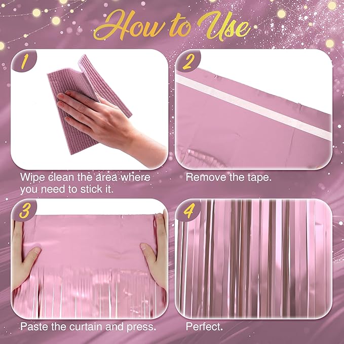 2 Pack Metallic Light Pink Fringe Backdrop, 3.2x8.2ft Shining Foil Tinsel Curtains, Birthday Party Decorations Door Streamers for Halloween, Christmas, Wedding, Graduation, Holiday, Theme Events