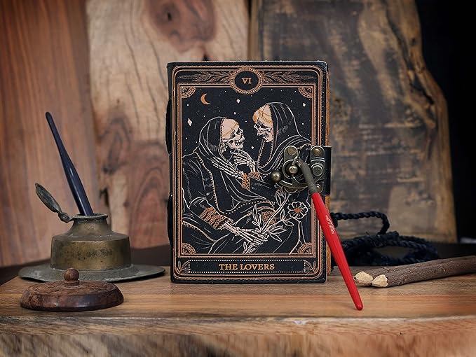 cuero Book of Spells Leather Journal Deckle Edge Paper Grimoire Printed Journal The Lovers Tarot Notebook Spiral Gothic Notebook Skull lover Antique Vintage Leather Journals for Men and Women