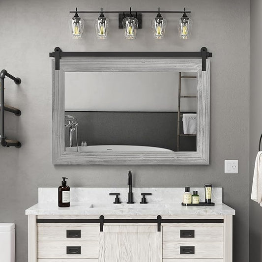 COGOOD Farmhouse Bathroom Mirror - 41" x 30" Rustic Barn Door Mirror for Living Room, Entryway, Bedroom, Vanity Wall Decor (Grey)
