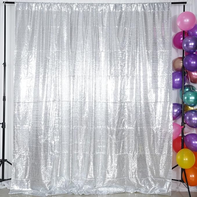 Poise3EHome 8Ft x 10Ft Silver Sequin Backdrop, Glitter Thick Satin Sequin Background Drapes, Sequence Xmas Thanksgiving Backdrop for Wedding Party Holiday Festival Decor