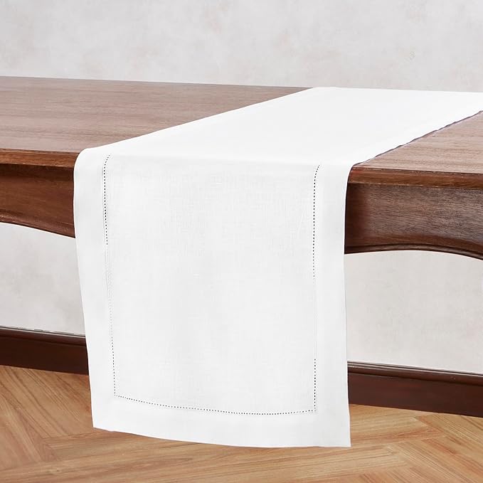 Off White Table Runner 72 inches Long – 100% Pure Linen Hemstitch 14 x 72 Inch Table Runner for Dining, Spring, Summer, Wedding Decorations, Gift – Azure