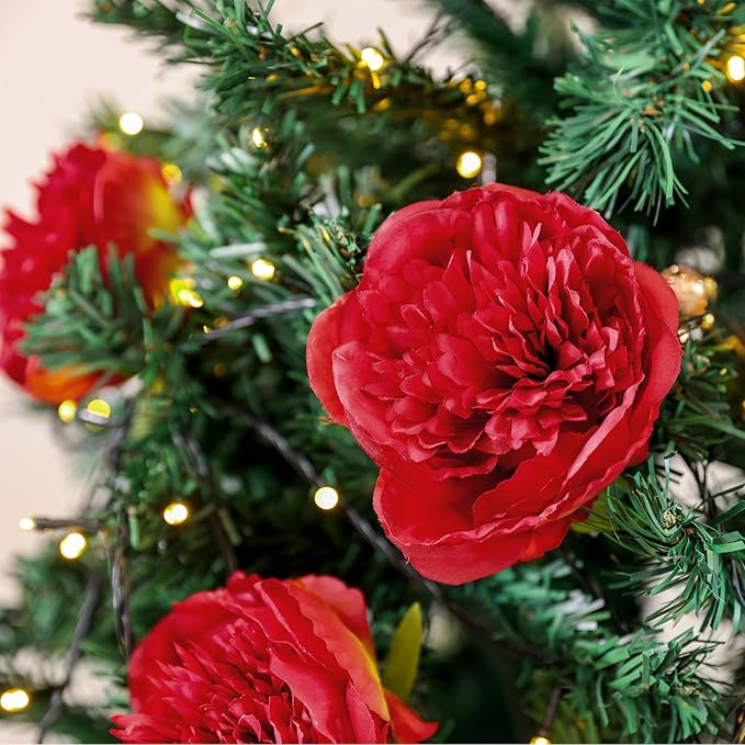 U'Artlines 20 Heads Artificial Peony Silk Flower Leaf for Christmas Holiday New Year Home Office Wedding Party Festival Bar Decor (Red)