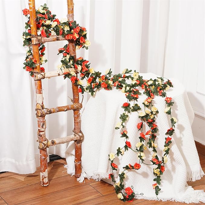 5 Pcs 41FT Flower Garland, Artificial Rose Garland Flowers Plants Fake Flower Hanging Rose Ivy, Birthday Party Valentine's Day Wedding Wall Arch Decor（Orange）