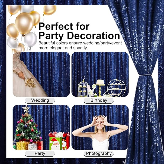 Navy Blue Sequin Backdrop Curtain 8FT x 8FT 1Panel Navy Glitter Photography Background Sequence Backdrop for Wedding Party Xmas Thanksgiving Holiday Festival Decor