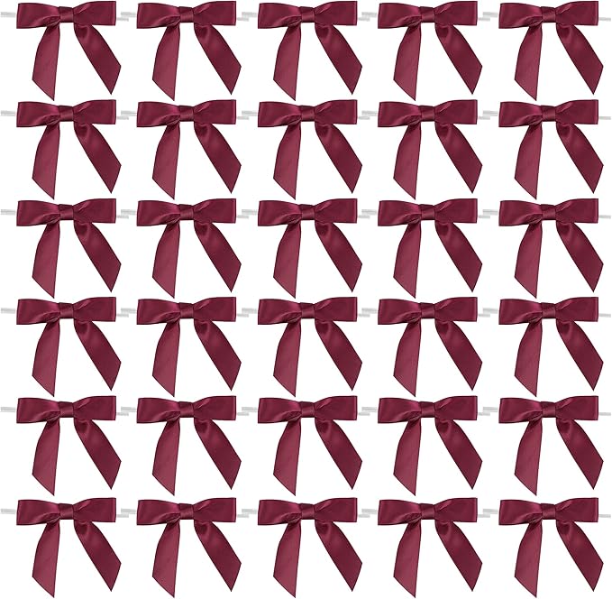 AIMUDI Burgundy Twist Tie Bows 2.5" Pre Tied Maroon Bows Premade Satin Gift Bows for Crafts Wine Bows for Treat Bags Gift Wrapping Wedding Baby Shower Party Favors Christmas Tree Decor - 50 Counts
