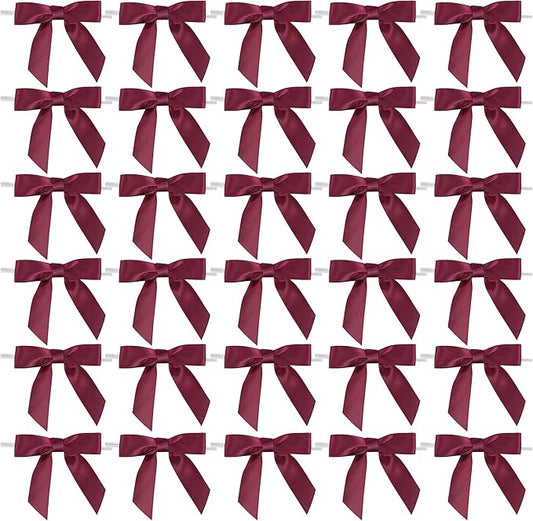 AIMUDI Burgundy Twist Tie Bows 2.5" Pre Tied Maroon Bows Premade Satin Gift Bows for Crafts Wine Bows for Treat Bags Gift Wrapping Wedding Baby Shower Party Favors Christmas Tree Decor - 50 Counts