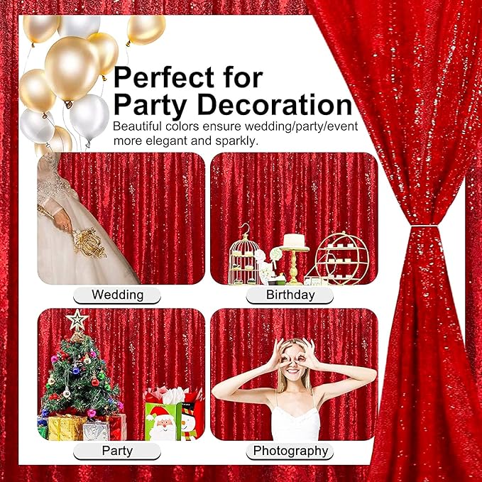Red Sequin Backdrop Curtains Glitter Drapes 2FTx8F 2 Panels for Wedding Birthday Party Decorations Bridal Baby Shower Party Supplies Sparkly Photography Background