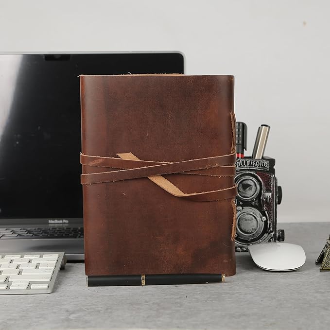 Dark Tan Leather Journal 8x6 | Handmade Vintage Notebook with Unlined Cotton Paper | Rustic Writing Diary & Sketchbook | Antique Travel Journal for Men & Women