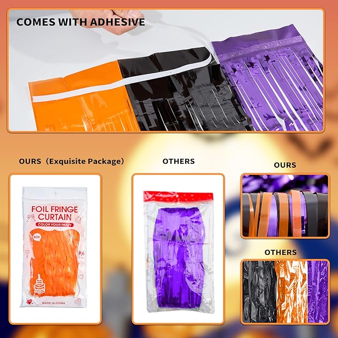 3 Pack Orange Purple Black Tinsel Foil Fringe Curtains, Halloween Photo Backdrop Streamers for Birthday Anniversary Party Decoration