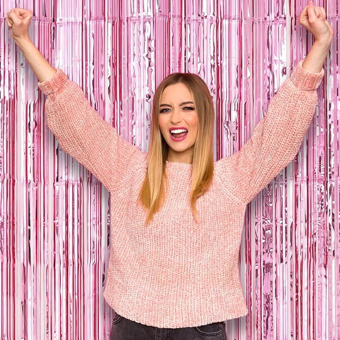 3 Pack 3.3 x 8.2 ft Light Pink Foil Fringe Backdrop Curtains, Tinsel Streamers Birthday Party Decorations, Fringe Backdrop for Graduation, Baby Shower, Gender Reveal, Disco Party